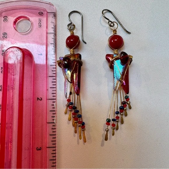 Artisan Red and Gold Dangle Earrings - Picture 3 of 3